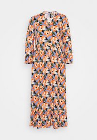 Robe longue à fleurs avec un fond bleu et des fleurs orange et blanches, des feuilles vertes, des manches trois-quarts et un ourlet volanté.