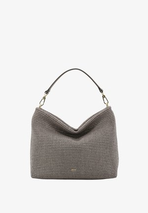 Gray woven handbag with a slouchy shape, featuring a single strap and gold hardware accents, made from soft textured material.
