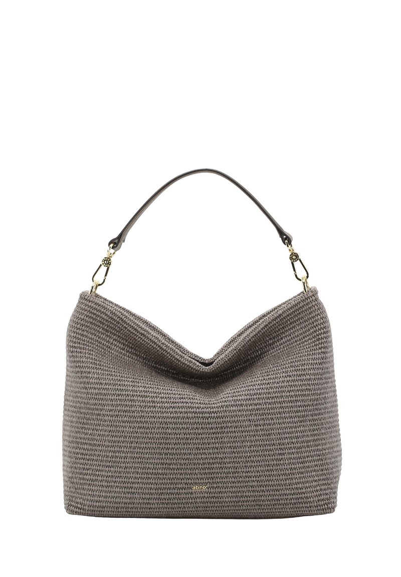 Gray woven handbag with a slouchy shape, featuring a single strap and gold hardware accents, made from soft textured material.