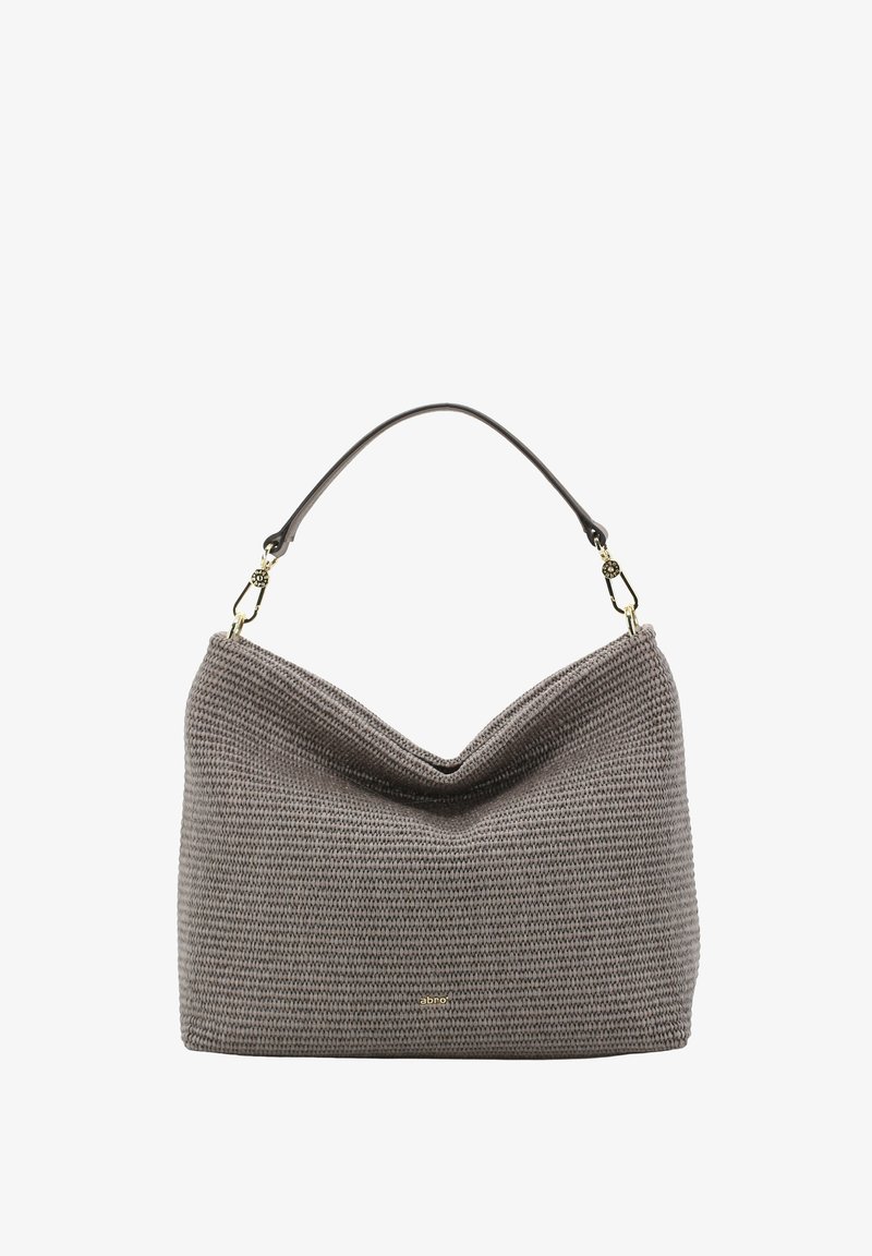 Gray woven handbag with a slouchy shape, featuring a single strap and gold hardware accents, made from soft textured material.