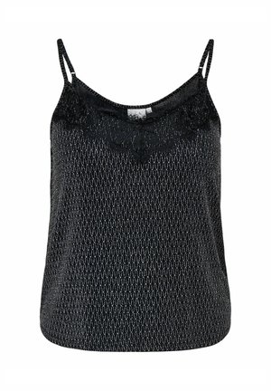 Un haut sans manches noir présente un motif texturé avec un subtil éclat, un détail en dentelle au niveau du col et de fines bretelles.