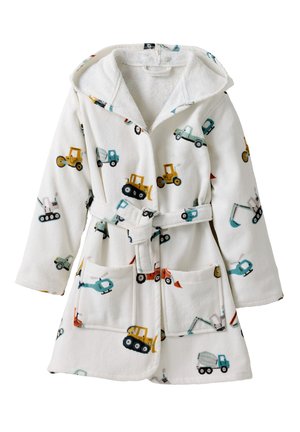 White children's hooded bathrobe with tie belt and colorful construction vehicle prints, including excavators and trucks, front pockets.