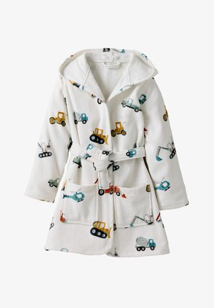 White children's hooded bathrobe with tie belt and colorful construction vehicle prints, including excavators and trucks, front pockets.
