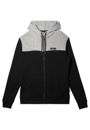 Black and gray zip-up hoodie with a contrasting panel design, soft fabric, front pockets, and adjustable drawstring hood.