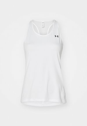 White sports tank top made of breathable mesh fabric. Features a round neck and racerback design. Includes a small black logo on the chest.