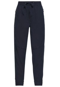 Marineblauwe taper joggers van lichtgewicht stof met een elastische tailleband, trekkoordsluiting en zijzakken met rits, met een soepele textuur.