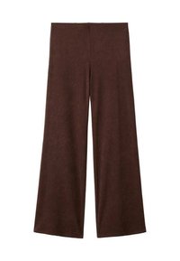 Wide-leg trousers in dark brown fabric, featuring a smooth texture and simple design. No visible hardware or accents.