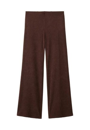 Wijde broek in donkerbruin stof, met een gladde textuur en eenvoudig ontwerp. Geen zichtbare hardware of accentuering.