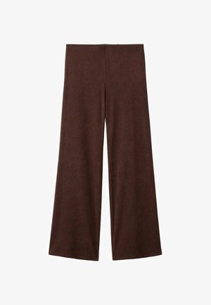 Wide-leg trousers in dark brown fabric, featuring a smooth texture and simple design. No visible hardware or accents.