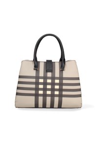 Borsa beige con motivo scozzese marrone scuro e crema. Manici in faux leather e chiusura a scatto. Forma strutturata con base piatta.