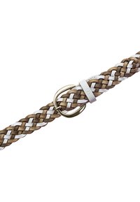 Geflochtener Gürtel in Braun und Weiß mit einer goldfarbenen, runden Schnalle. Das Design umfasst abwechselnd geflochtene Abschnitte und glatte Akzente.
