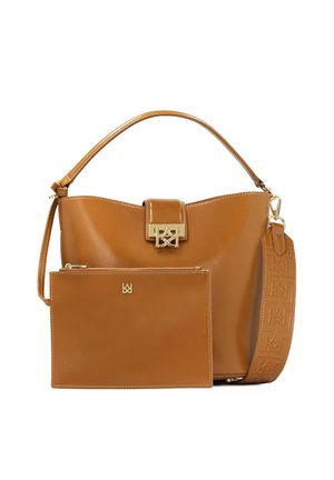 Tan leather handbag with a structured shape, gold hardware, and a detachable pouch. Features a patterned shoulder strap and a magnetic closure.