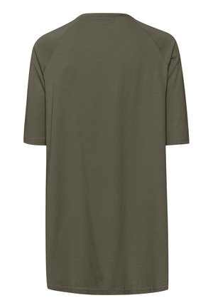 Olijfgroene T-shirt met korte mouwen, gemaakt van zacht materiaal. Heeft een ontspannen pasvorm, ronde halslijn en een nette zoom zonder versieringen.