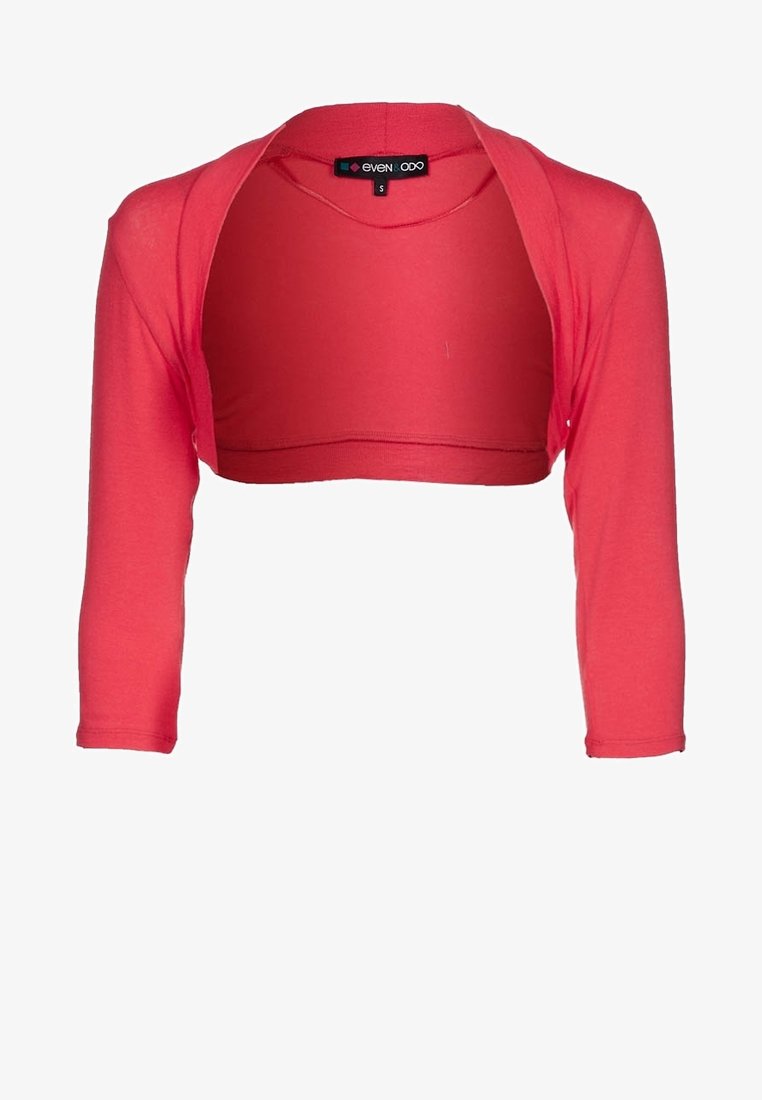 Rosa kurzer Cardigan mit langen Ärmeln, aus weichem Stoff gefertigt, mit rundem Ausschnitt und ohne Verschlüsse. Sauberes, einfaches Design.