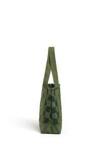 Groene geruite draagtas met een textuurontwerp en twee stevige stoffen handvatten. Afgeslankte bodem voor stabiliteit.