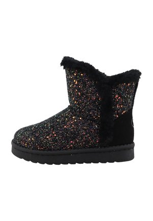Stivaletto nero con glitter multicolore, rifinitura in pelliccia nera e suola piatta, progettato per il freddo e l'uso casual.