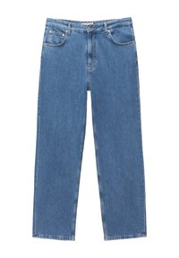 Jeans de mezclilla azul claro con corte recto, cinco bolsillos, herrajes metálicos y un acabado ligeramente desgastado.