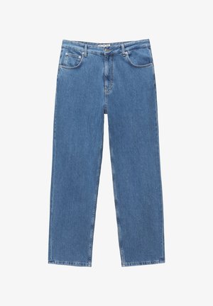 Hellblaue Denim-Jeans mit geradem Bein, fünf Taschen, Metallbeschlägen und einem leicht abgewetzten Finish.