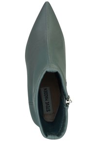 Stivale alla caviglia in morbida pelle teal tenue, con punta affusolata, design elegante e cerniera laterale con accessori in argento. Etichetta del marchio interna visibile.