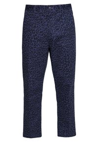 Tmavě modré kalhoty s černým leopardím potiskem, zapínání na knoflík a zip, poutka na opasek a rovný střih nohavic.