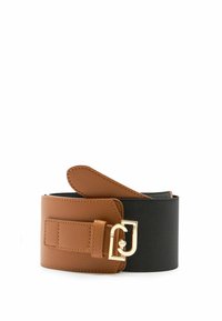 Cintura in pelle marrone con fibbia dorata, dotata di un elastico nero. Il design include un pannello in pelle testurizzata e una forma elegante e moderna.