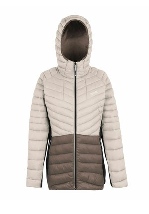 Beżowa i brązowa pikowana kurtka z kapturem, przednim zamkiem błyskawicznym oraz zasuwanymi bocznymi kieszeniami, zaprojektowana na zimne warunki na zewnątrz.