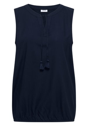 Ærmeløs marineblå bluse med rund hals, front med kvastbånd og elastisk kant for en samlet pasform.