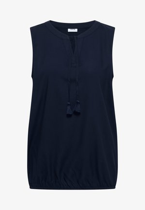 Mouwloze marineblauwe blouse met ronde hals, vooraan touwtjes met kwastjes en een elastische zoom voor een geplooide pasvorm.