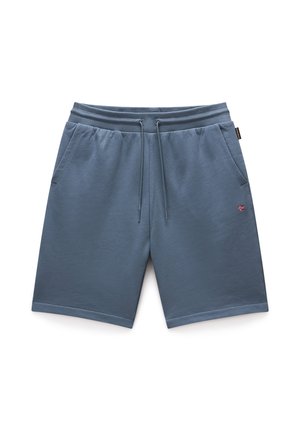 Lichtblauwe katoenen shorts met een elastische tailleband, trekkoord, zijzakken en een klein vlagdetail op de linker bovenbeen.