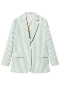 Páskovaný blazer v světle modré a krémové barvě, přizpůsobený design, zapínání na jeden knoflík, dvě přední kapsy, hladký povrch, klopový límec, dlouhé rukávy.
