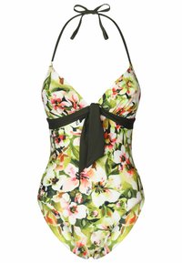 Blumen-Einteiler mit tiefem V-Ausschnitt, grünem Schleifenakzent an der Taille, weißem und pinkem Blumenmuster auf grünem Hintergrund.
