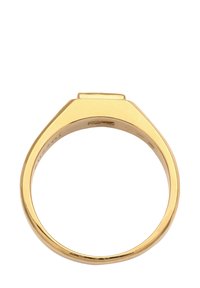 Goldring mit breitem Band und quadratischem Oberflächendesign. Glatte Textur mit polierter Oberfläche, die die geometrische Form betont.