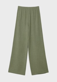 Pantalon ample vert olive à jambes larges avec ceinture élastique, présenté à plat sur un fond clair.