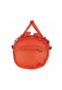 Borsa rotonda arancione in tessuto resistente, dotata di doppie maniglie superiori e di una tracolla laterale, superficie liscia e design minimalista.