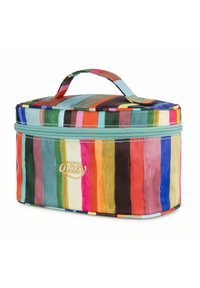 Estuche de maquillaje de tela a rayas coloridas con forma rectangular, cierre de cremallera y asa superior. Cuenta con detalles de logotipo en dorado.