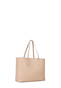 Borsa a tracolla in pelle beige con due lunghe tracolle, forma rettangolare, texture liscia e dettaglio con tasca frontale. Adatta per l'uso quotidiano.