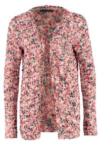 Stickad kofta med en livlig blandning av röd, rosa och marinblå färger, med öppen framsida, långa ärmar och en strukturerad mönstring.