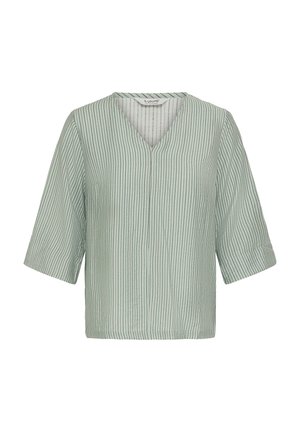 Bluză scurtă cu mânecă scurtă, de culoare verde deschis, cu decolteu în V și model cu dungi verticale de culoare verde închis. Prezintă o croială liberă și relaxată.