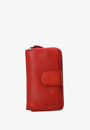 Red leather wallet with a zip closure, featuring a snap button flap and embossed logo. Smooth texture, compact design, and rectangular shape.
