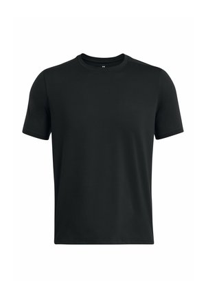 Schwarzes Kurzarm-T-Shirt aus glattem Stoff, mit rundem Halsausschnitt und tailliertem Design ohne sichtbare Logos oder Muster.