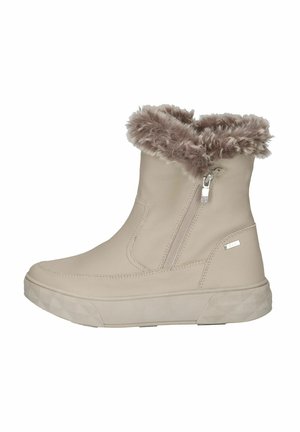 Beige læder ankelstøvler med faux fur krave, sidelukning med lynlås og en struktureret gummisål for bedre greb.