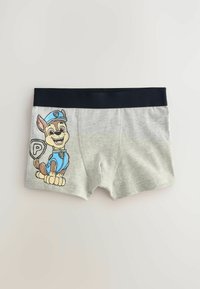 Pelēkie bokseršortai ar tumši zilu jostu, kurās kreisajā pusē ir karikatūras suns zilā apģērbā. Gluda tekstūra un šūtas malas.
