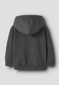 Dunkelgrauer Hoodie mit runder Kapuze, gerippten Bündchen und Saum. Hergestellt aus weichem Stoff mit glatter Textur. Schlichtes Design, keine Muster.