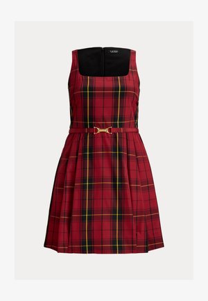 Czerwona sukienka w kratę z kwadratowym dekoltem, czarnym gorsetem, plisowaną spódnicą i cienkim paskiem z klamrą w kolorze złotym.