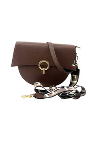 Brown leather crossbody bag with a circular shape, gold hardware, and a patterned strap in beige, cream, and dark brown tones.