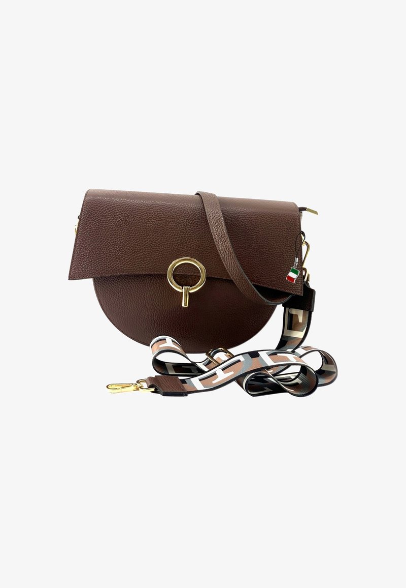 Brown leather crossbody bag with a circular shape, gold hardware, and a patterned strap in beige, cream, and dark brown tones.