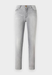 Lysegrå denim jeans med slim fit, fem lommer, frontknaplukning og subtile falminger på bena.