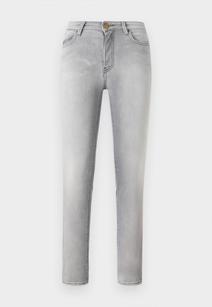 Jeans in denim grigio chiaro con una vestibilità slim, design a cinque tasche, chiusura con bottone frontale e un leggero sbiadimento sulle gambe.
