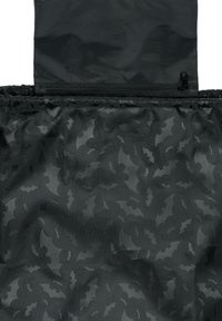 Black fabric tote bag featuring a subtle bat pattern, with a zippered top and gathered edges for added texture.