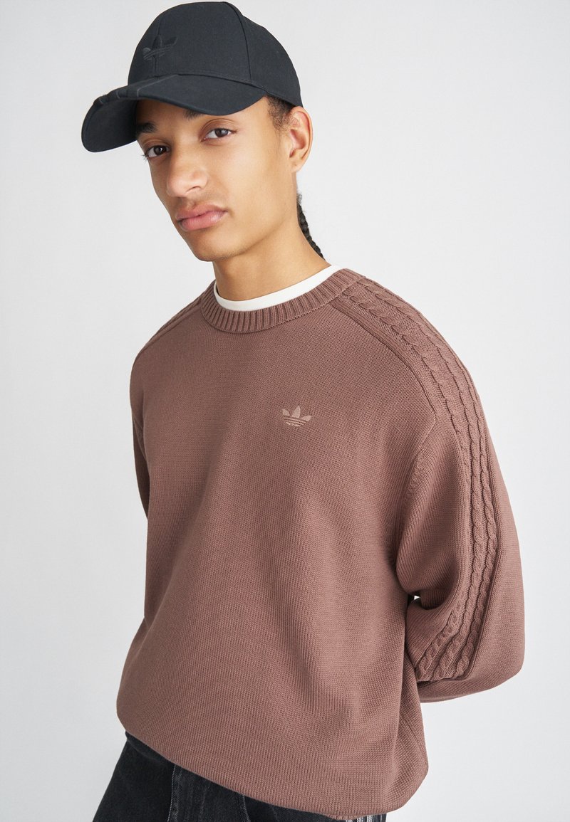 Brown knitted sweatshirt with ribbed neckline and cable-knit accents on the sleeves. Black cap worn on the head. Simple design with minimal branding.
